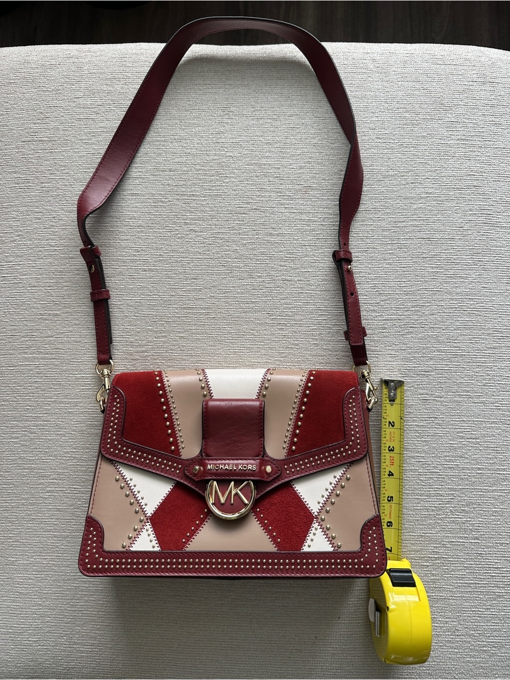Michael Kors Red, Cream & Tan Studded Leather Crossbody Bag - Picture 2 of 5